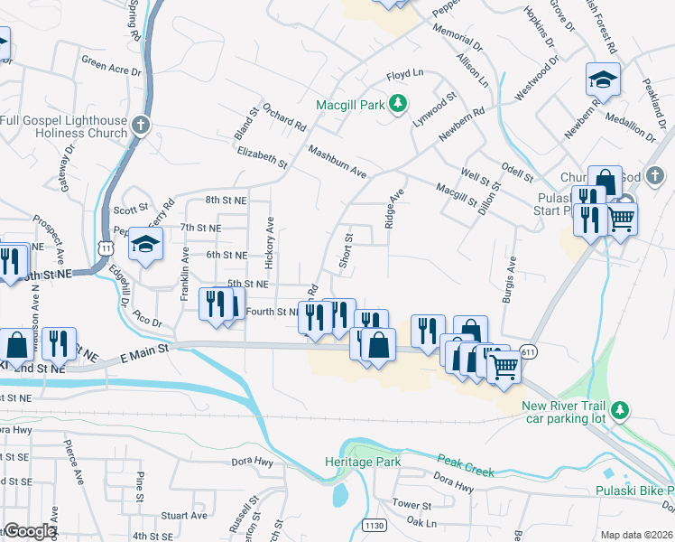 map of restaurants, bars, coffee shops, grocery stores, and more near 932 Craig Street in Pulaski