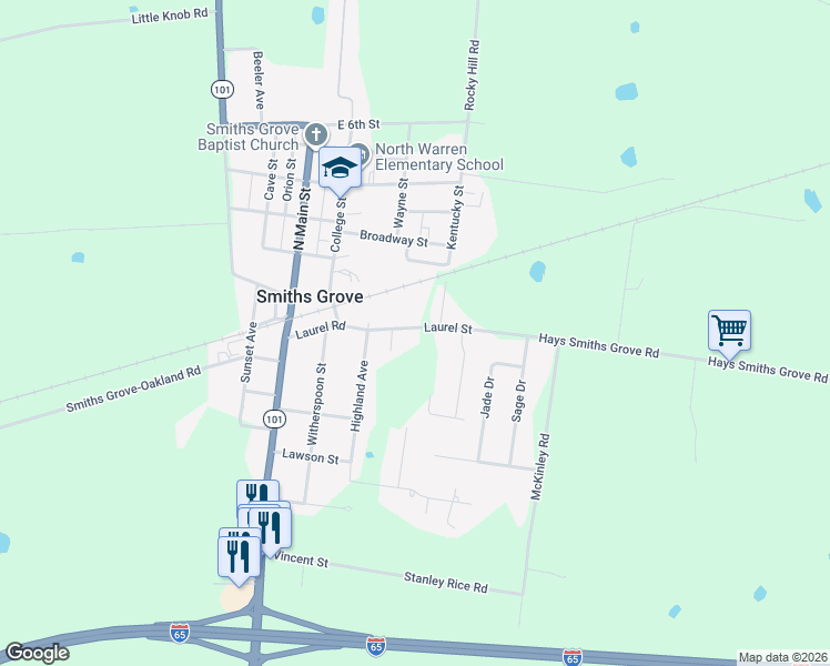 map of restaurants, bars, coffee shops, grocery stores, and more near 343 Laurel Street in Smiths Grove
