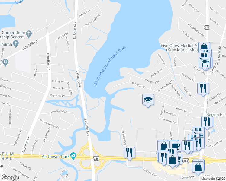 map of restaurants, bars, coffee shops, grocery stores, and more near 19 Eagle Point Road in Hampton
