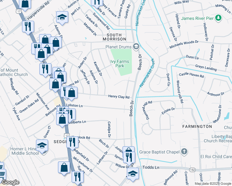 map of restaurants, bars, coffee shops, grocery stores, and more near 153 Henry Clay Road in Newport News