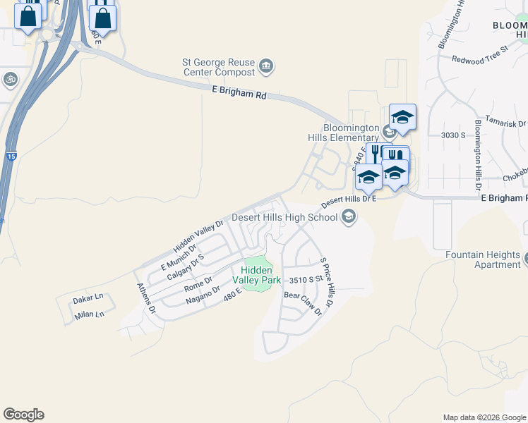map of restaurants, bars, coffee shops, grocery stores, and more near 32 South Barcelona Drive in St. George