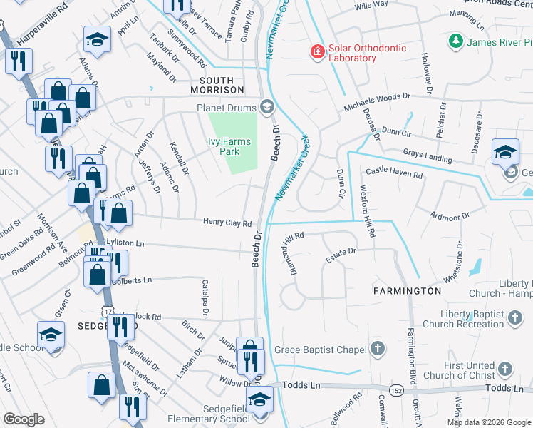 map of restaurants, bars, coffee shops, grocery stores, and more near 548 Beech Drive in Newport News