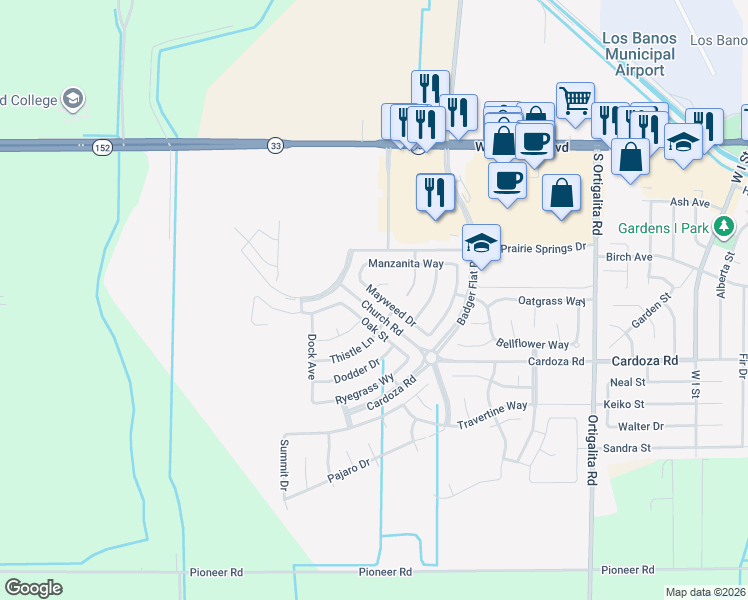 map of restaurants, bars, coffee shops, grocery stores, and more near 1569 Mayweed Drive in Los Banos