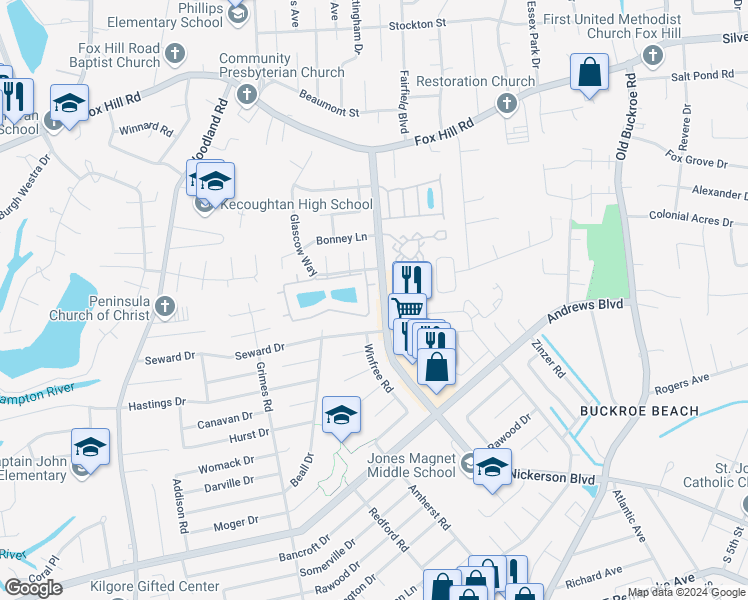 map of restaurants, bars, coffee shops, grocery stores, and more near 25 Loch Circle in Hampton