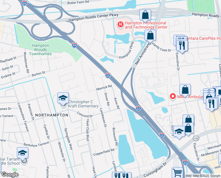 map of restaurants, bars, coffee shops, grocery stores, and more near 225 Avon Road in Hampton