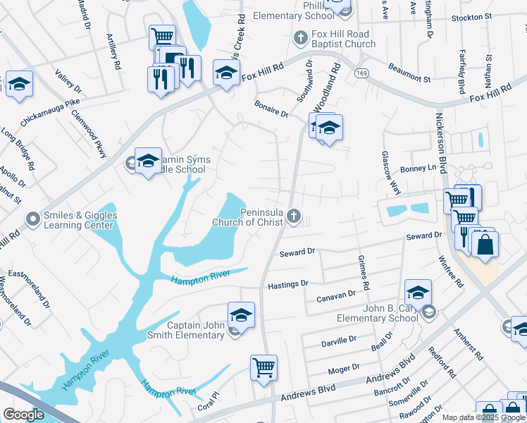 map of restaurants, bars, coffee shops, grocery stores, and more near 351 Gunston Hall Court in Hampton