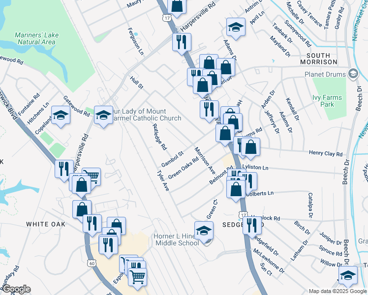 map of restaurants, bars, coffee shops, grocery stores, and more near 28 Gambol Street in Newport News