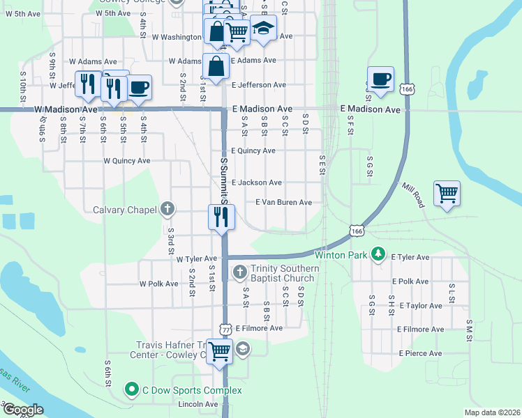 map of restaurants, bars, coffee shops, grocery stores, and more near 1007 South B Street in Arkansas City