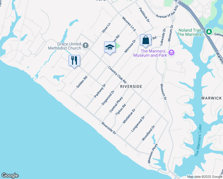 map of restaurants, bars, coffee shops, grocery stores, and more near 203 Dogwood Drive in Newport News