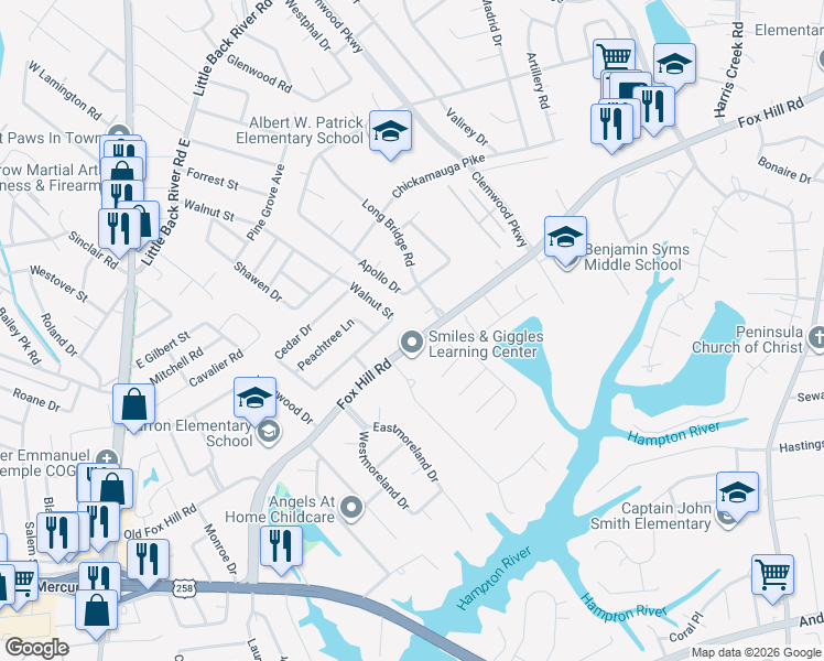 map of restaurants, bars, coffee shops, grocery stores, and more near 129 Fox Hill Road in Hampton