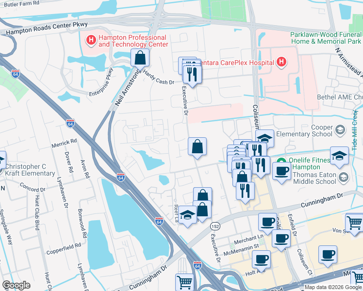 map of restaurants, bars, coffee shops, grocery stores, and more near 40 Rutland Drive in Hampton