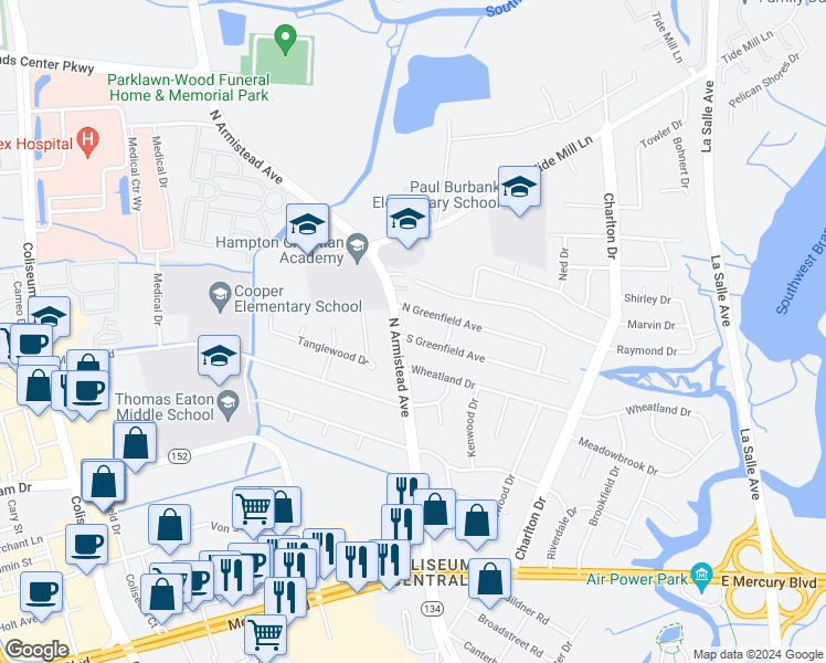 map of restaurants, bars, coffee shops, grocery stores, and more near 5 South Greenfield Avenue in Hampton