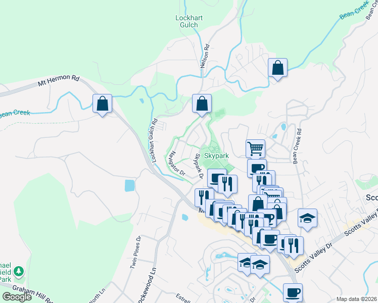 map of restaurants, bars, coffee shops, grocery stores, and more near 429 Airstream Court in Scotts Valley
