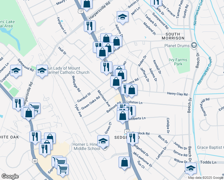 map of restaurants, bars, coffee shops, grocery stores, and more near 11 Green Oaks Road in Newport News