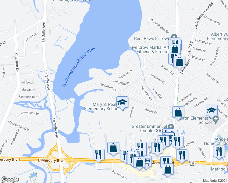 map of restaurants, bars, coffee shops, grocery stores, and more near 407 West Gilbert Street in Hampton