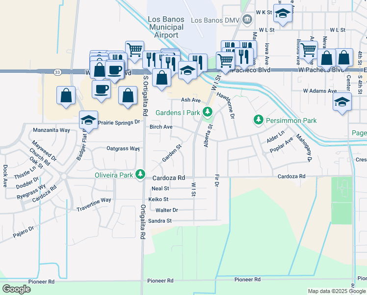 map of restaurants, bars, coffee shops, grocery stores, and more near 913 Garden Street in Los Banos