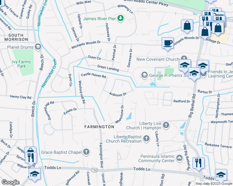 map of restaurants, bars, coffee shops, grocery stores, and more near 39 Kenilworth Drive in Hampton