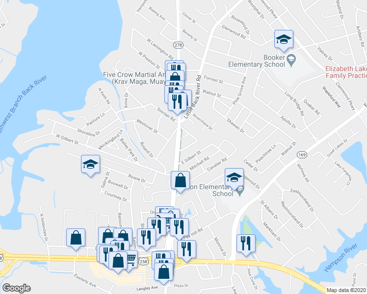 map of restaurants, bars, coffee shops, grocery stores, and more near 5 Mac Alva Drive in Hampton