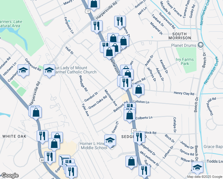 map of restaurants, bars, coffee shops, grocery stores, and more near 15 Green Oaks Road in Newport News
