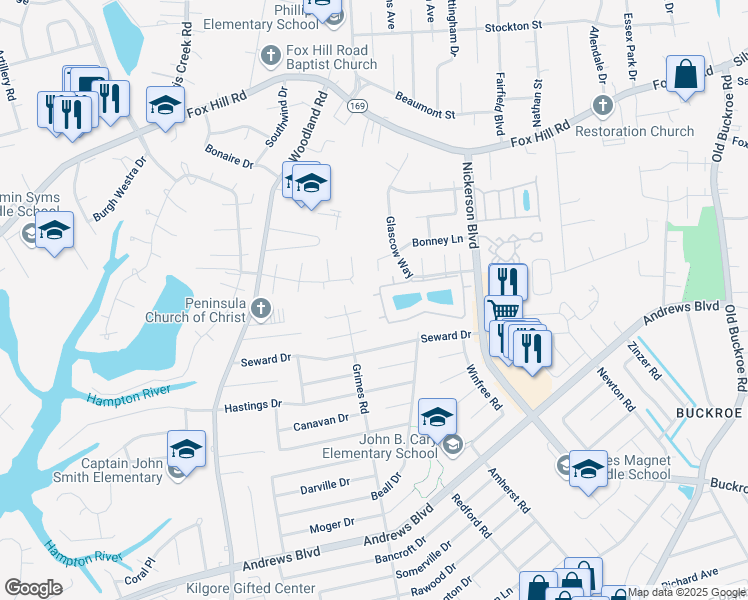 map of restaurants, bars, coffee shops, grocery stores, and more near 215 Loch Circle in Hampton
