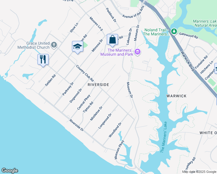 map of restaurants, bars, coffee shops, grocery stores, and more near 305 Mistletoe Drive in Newport News