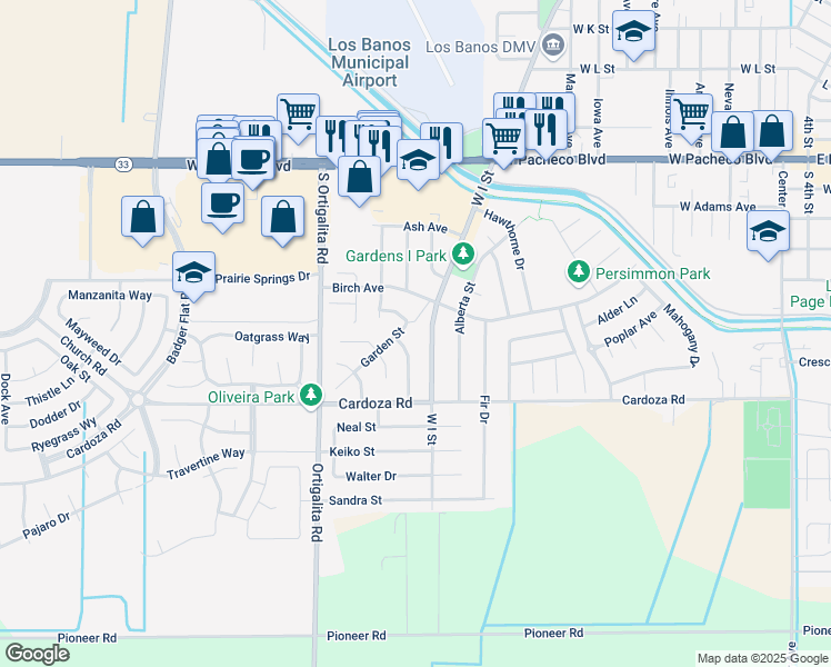 map of restaurants, bars, coffee shops, grocery stores, and more near 913 Garden Street in Los Banos