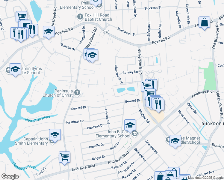 map of restaurants, bars, coffee shops, grocery stores, and more near 215 Loch Circle in Hampton