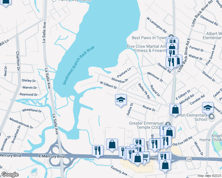 map of restaurants, bars, coffee shops, grocery stores, and more near 407 West Gilbert Street in Hampton