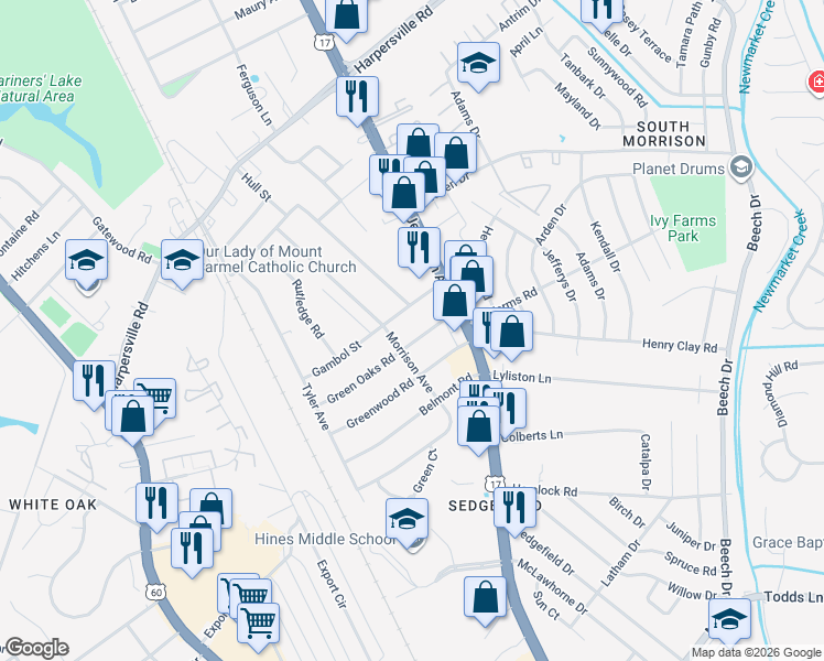 map of restaurants, bars, coffee shops, grocery stores, and more near 15 Green Oaks Road in Newport News
