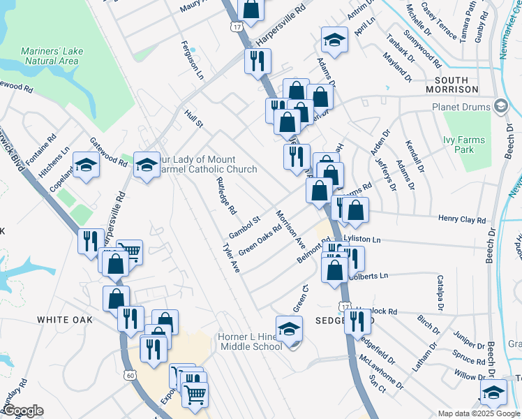 map of restaurants, bars, coffee shops, grocery stores, and more near 28 Gambol Street in Newport News