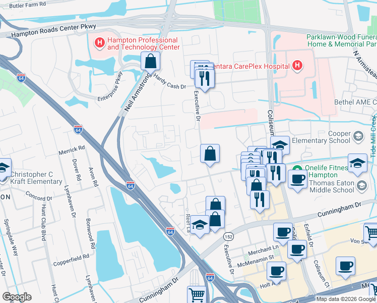 map of restaurants, bars, coffee shops, grocery stores, and more near 40 Rutland Drive in Hampton