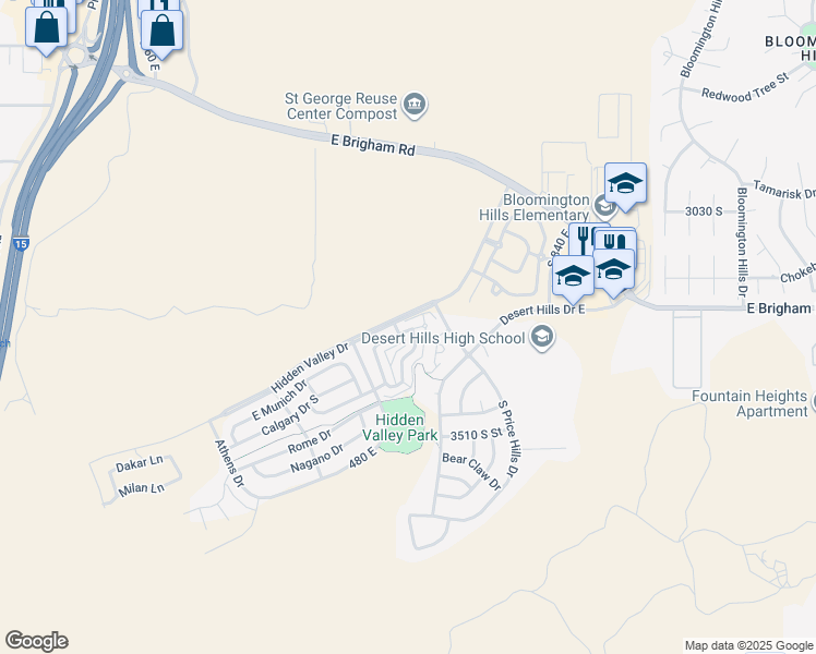 map of restaurants, bars, coffee shops, grocery stores, and more near 25 South Barcelona Drive in Saint George