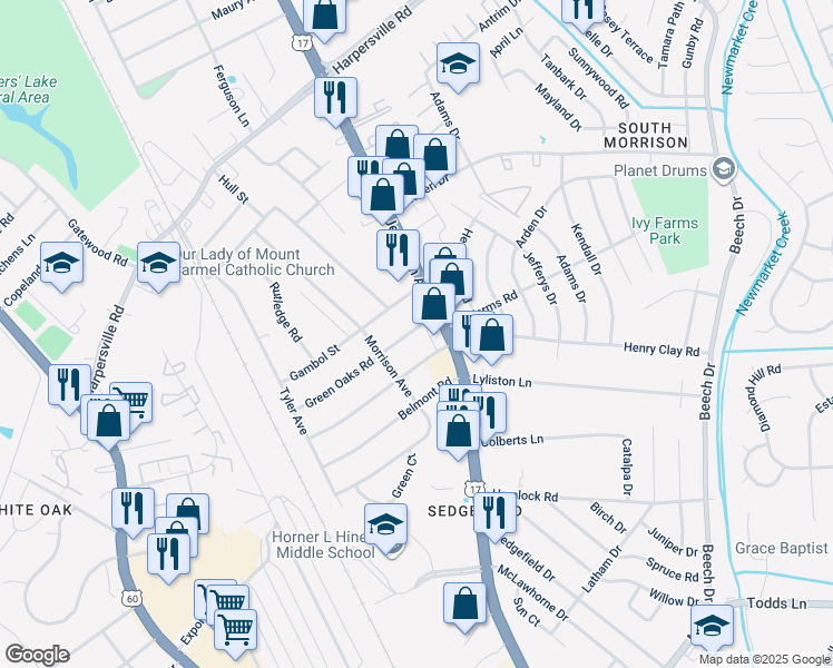 map of restaurants, bars, coffee shops, grocery stores, and more near 11 Green Oaks Road in Newport News