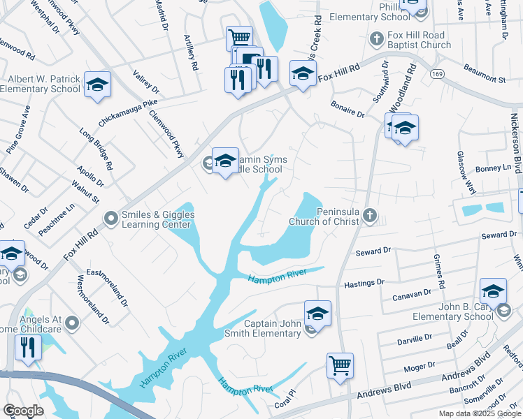 map of restaurants, bars, coffee shops, grocery stores, and more near 516 Elizabeth Lake Drive in Hampton