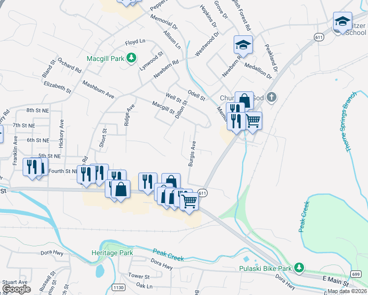 map of restaurants, bars, coffee shops, grocery stores, and more near 30 Deerfield Drive in Pulaski