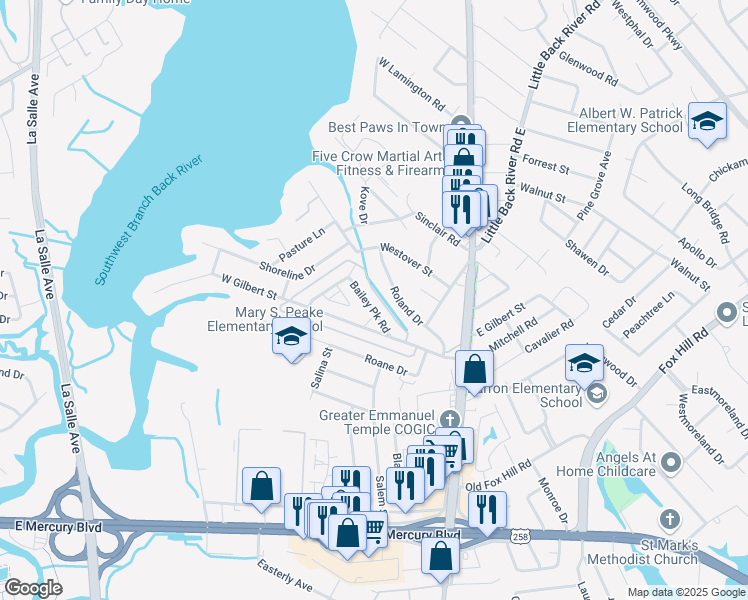map of restaurants, bars, coffee shops, grocery stores, and more near 236 Bailey Park Drive in Hampton