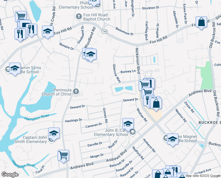 map of restaurants, bars, coffee shops, grocery stores, and more near 215 Loch Circle in Hampton