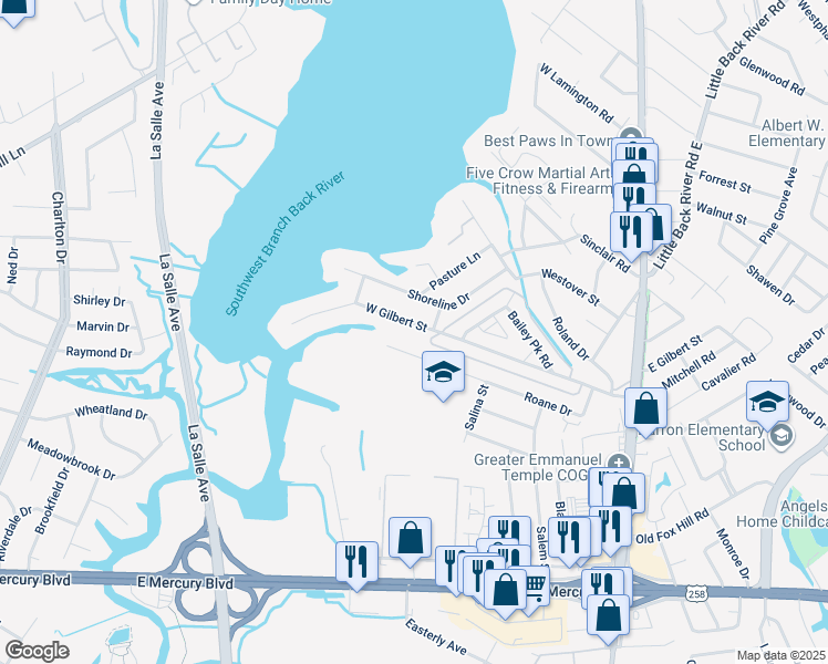 map of restaurants, bars, coffee shops, grocery stores, and more near 407 West Gilbert Street in Hampton