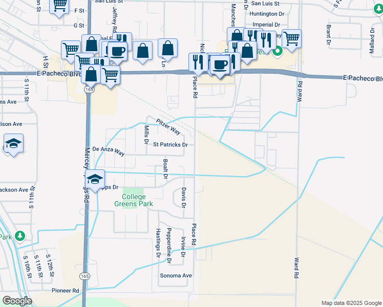 map of restaurants, bars, coffee shops, grocery stores, and more near 1793 Place Road in Los Banos