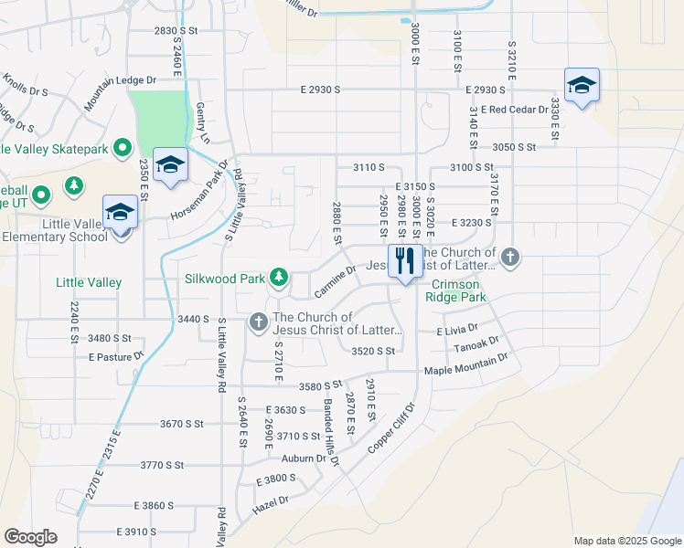 map of restaurants, bars, coffee shops, grocery stores, and more near Carmine Drive in St. George