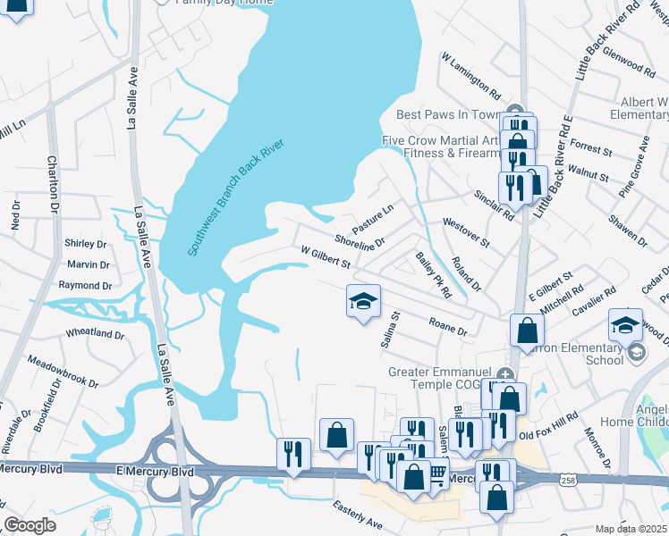 map of restaurants, bars, coffee shops, grocery stores, and more near 407 West Gilbert Street in Hampton