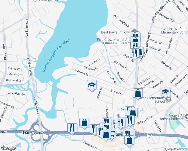 map of restaurants, bars, coffee shops, grocery stores, and more near 294 Mockingbird Lane in Hampton