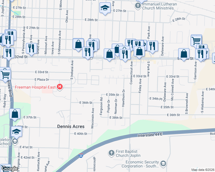 map of restaurants, bars, coffee shops, grocery stores, and more near 332 Poplar Drive in Joplin