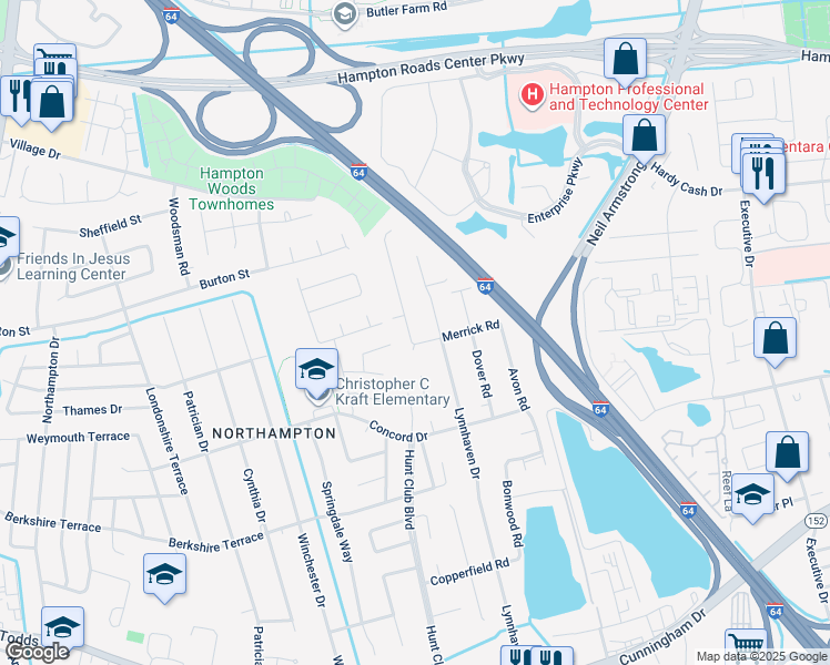 map of restaurants, bars, coffee shops, grocery stores, and more near 306 Bromsgrove Drive in Hampton