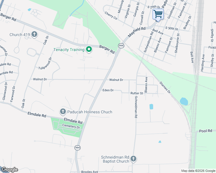 map of restaurants, bars, coffee shops, grocery stores, and more near 750 Eden Drive in Paducah