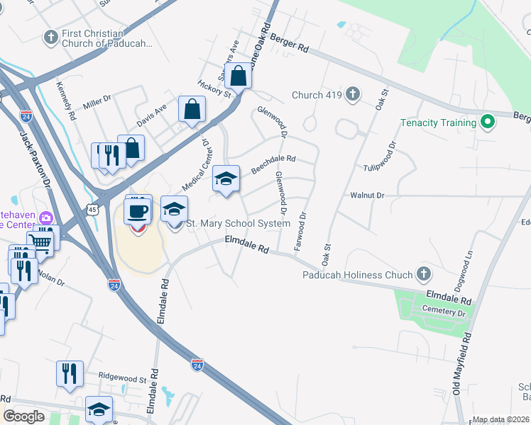 map of restaurants, bars, coffee shops, grocery stores, and more near 1040 Dundale Road in Paducah