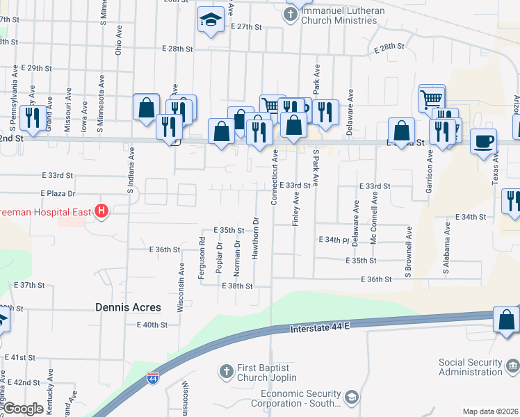 map of restaurants, bars, coffee shops, grocery stores, and more near 3322 Connecticut Avenue in Joplin