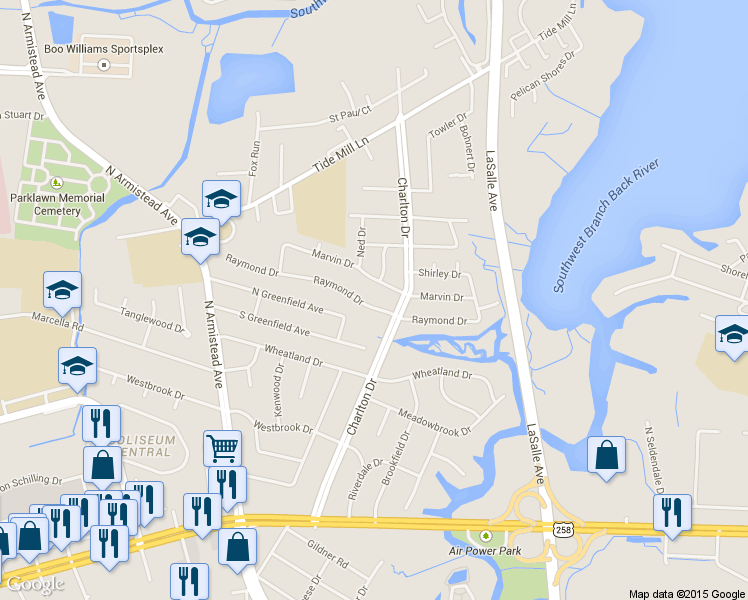 map of restaurants, bars, coffee shops, grocery stores, and more near 106 Raymond Drive in Hampton