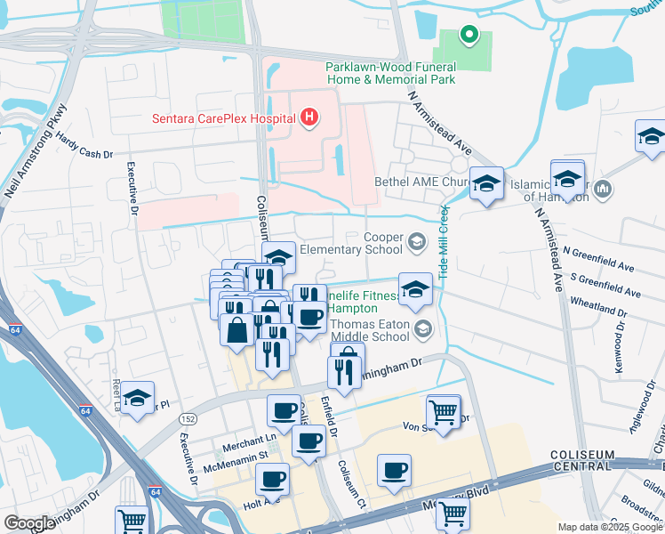 map of restaurants, bars, coffee shops, grocery stores, and more near 24 Barrymore Court in Hampton