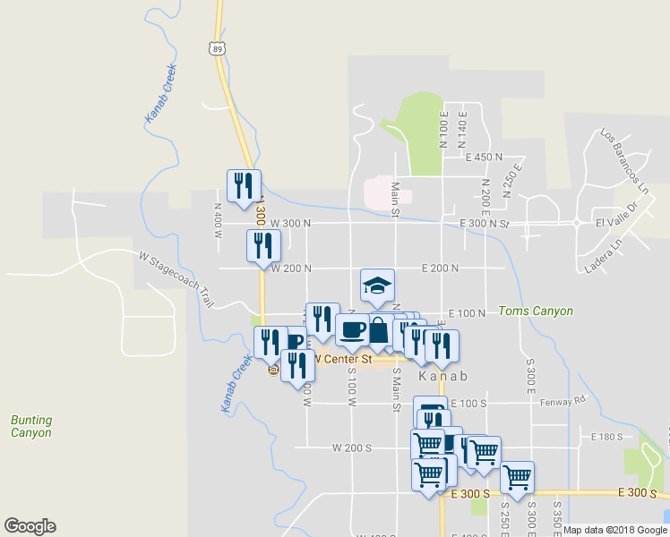 map of restaurants, bars, coffee shops, grocery stores, and more near 128 West 200 North in Kanab